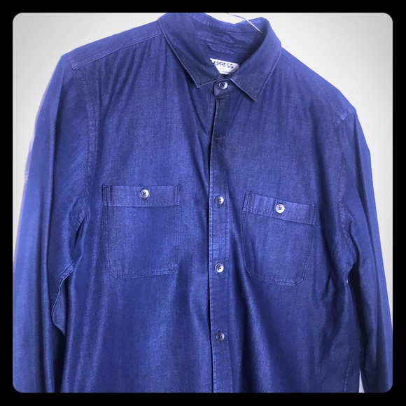 Express Slim Band Collar Button blue denim shirt - Picture 1 of 1